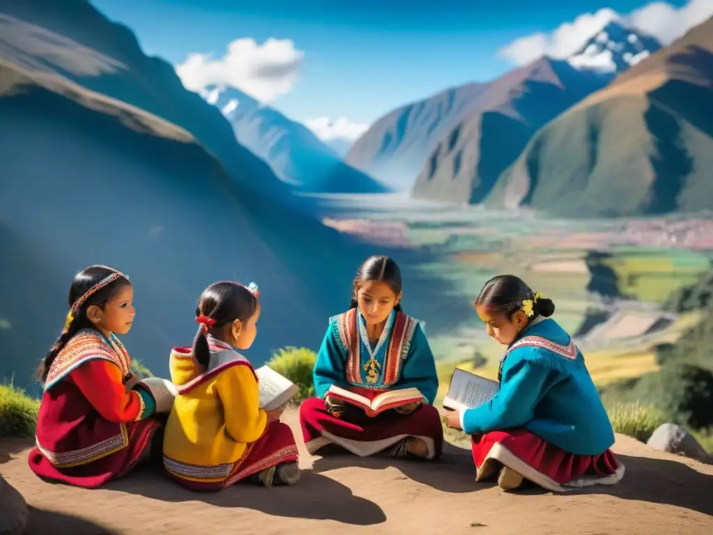 Andean children reading bilingual books in traditional attire, integrating cultural heritage and modern education in the Andes