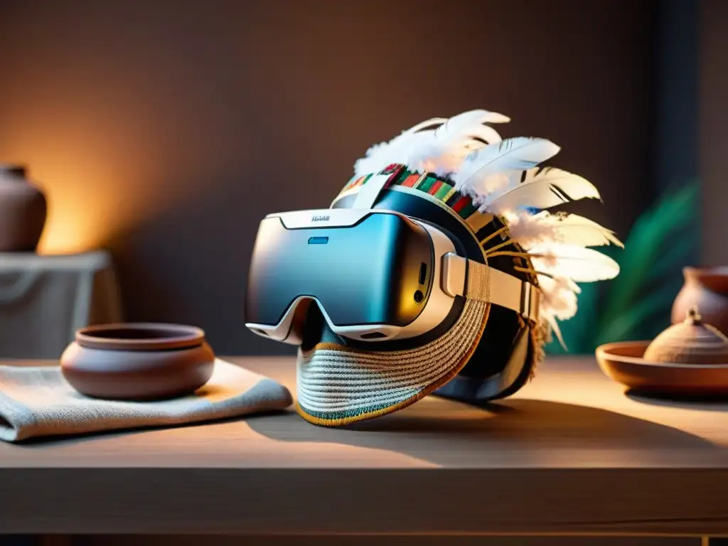 Realidad aumentada culturas indígenas: mezcla de tradición y tecnología en un headset junto a artefactos ancestrales iluminados por su luz