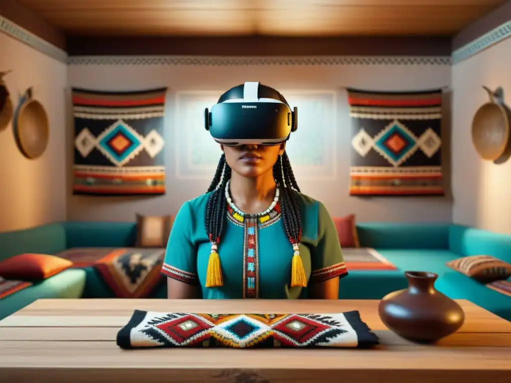 Realidad virtual sitios indígenas: Headset en mesa con arte tradicional vibrante en ambiente contrastado