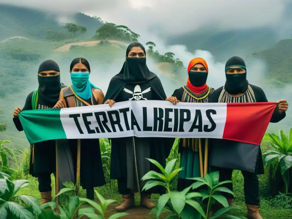 Rebeldes Zapatistas en la jungla de Chiapas, vistiendo coloridos trajes tradicionales y portando mensajes de 'Tierra y Libertad'