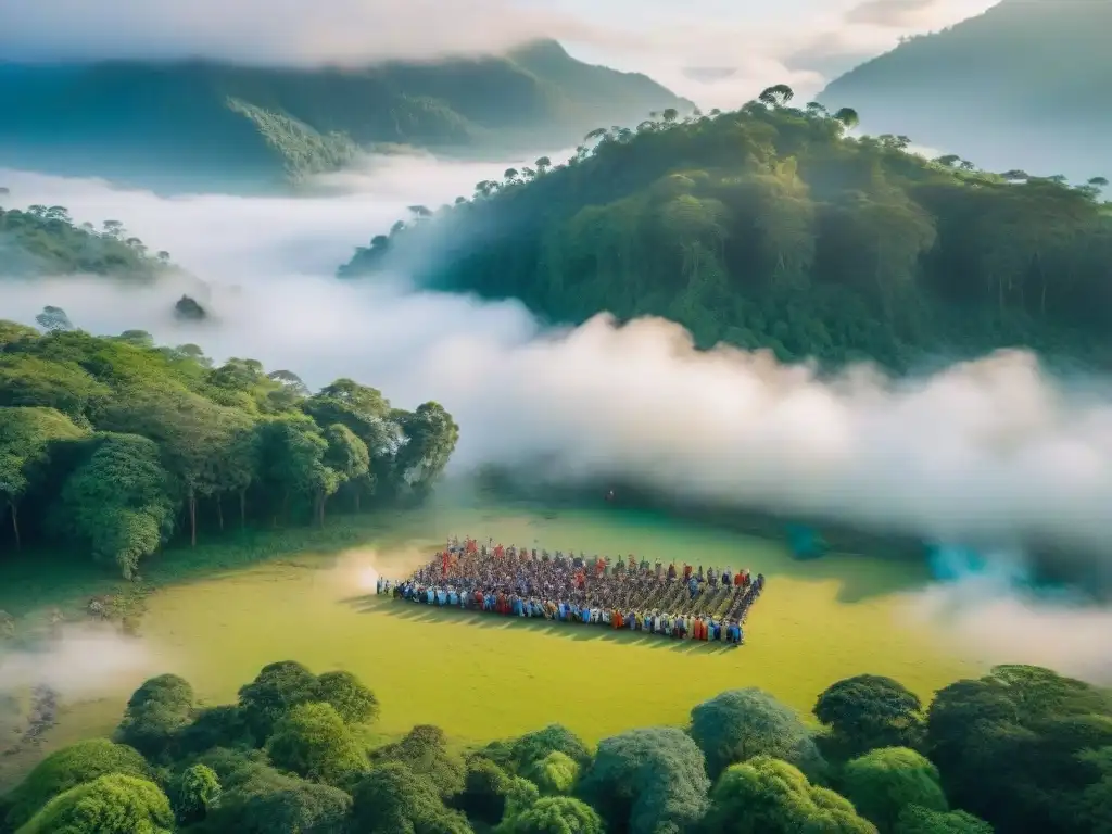 Reconocimiento territorial indígena con drones: Comunidad tradicional rodeada de naturaleza, danzas y artesanías