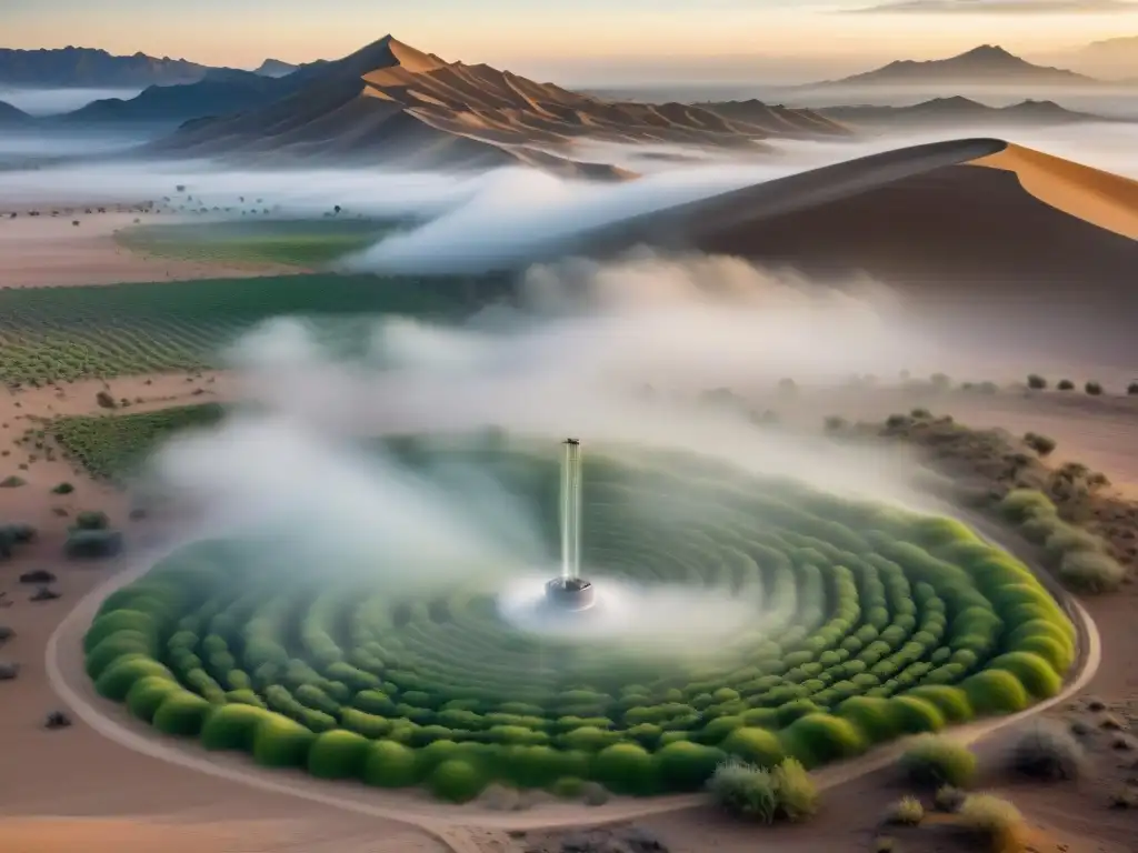 'Red de captura de niebla para agricultura en paisaje desértico al amanecer'