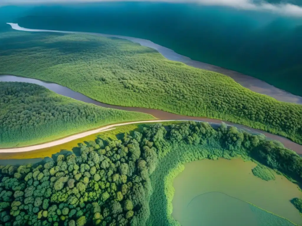 Red de ríos, bosques verdes y llanuras en tierras sagradas, con comunidades indígenas en armonía con la naturaleza