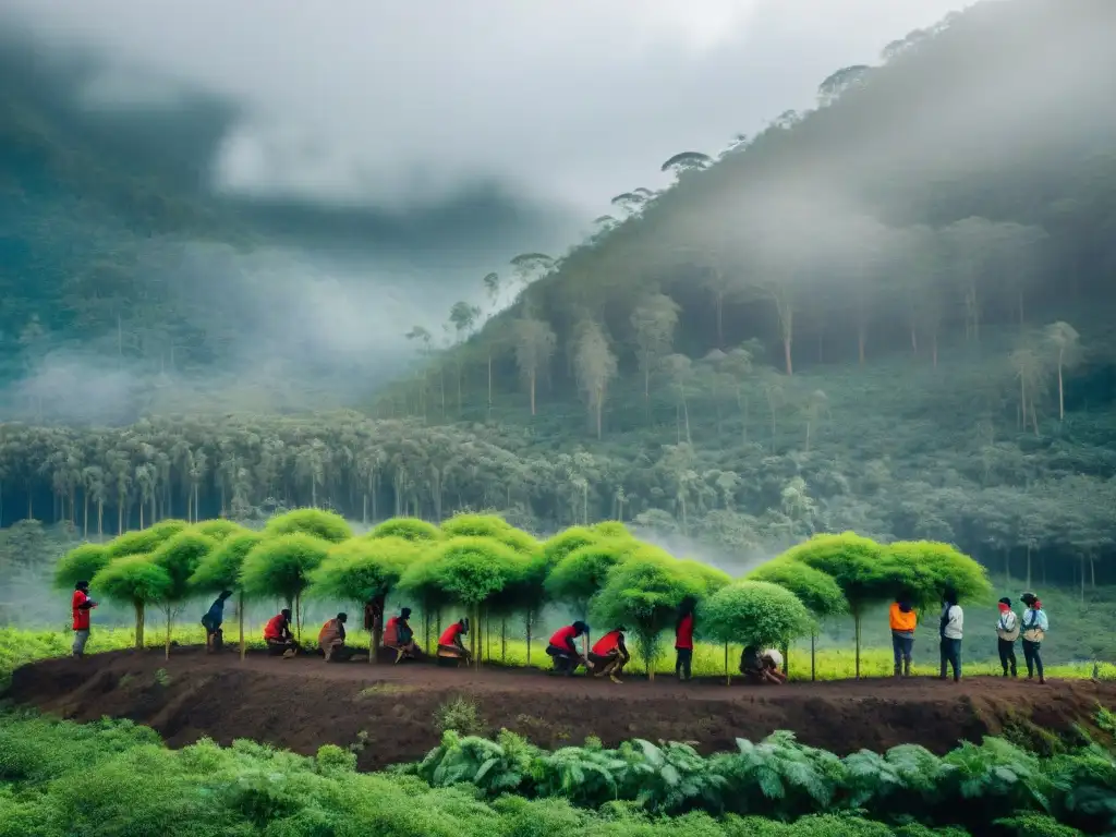 Reforestación en alianza con indígenas: Comunidad y activistas plantan árboles juntos en un bosque exuberante