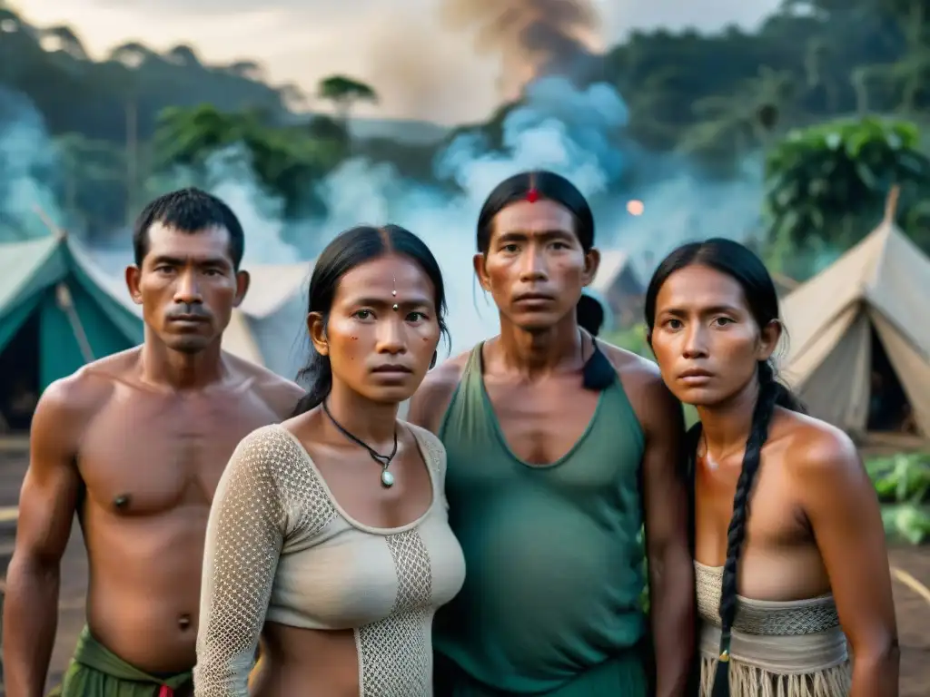 Refugiados ambientales indígenas Américas en campamento improvisado tras ser desplazados por la deforestación en la Amazonía