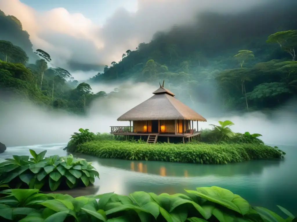 Refugio indígena entre la exuberante naturaleza de la selva, arquitectura indígena inspirada en la naturaleza
