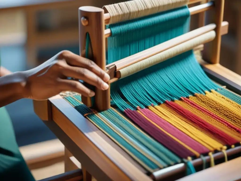 Un relato visual: Hábiles manos tejen con coloridas hebras en un telar de madera, en un proyecto de rescate de lenguas indígenas