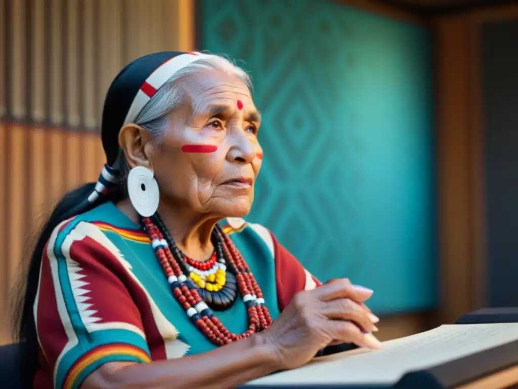 Narradora indígena: tradición y tecnología en estudio Preservación de relatos indígenas digitales: Anciana indígena comparte sabiduría ancestral frente al micrófono en estudio