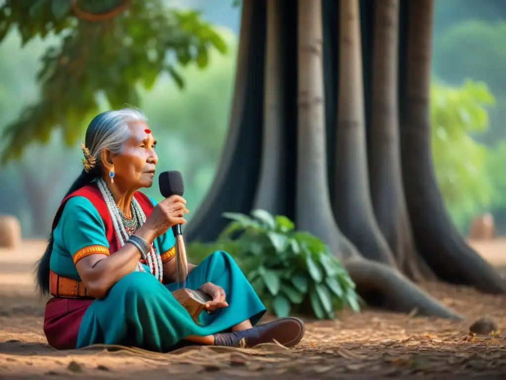 Narración ancestral con grabadora digital: sabiduría indígena Preservación de relatos indígenas digitales: Anciana indígena cuenta historias bajo un árbol, con niños atentos a su lado