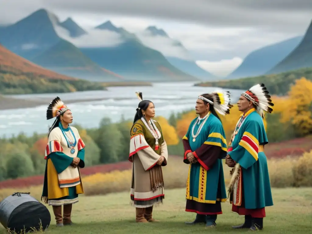 Representantes de las Primeras Naciones en ceremonia de recuperación de tierras en Canadá, rodeados de naturaleza exuberante y río caudaloso