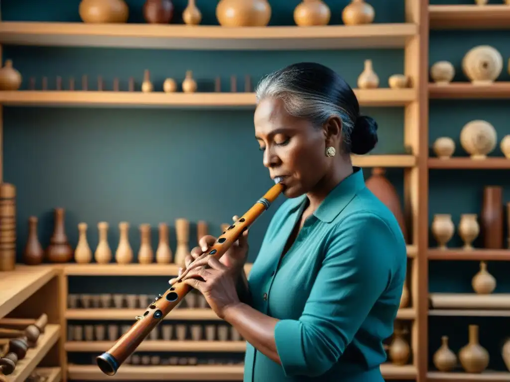 Rescate de instrumentos musicales ancestrales: Artesano restaurando una flauta indígena antigua rodeado de instrumentos musicales