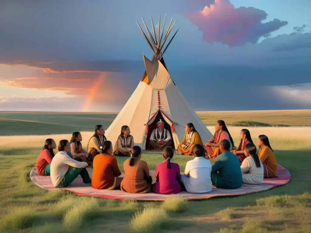 Lección de educación indígena reservas Sioux: jóvenes aprenden de un sabio anciano bajo un árbol en la pradera al atardecer