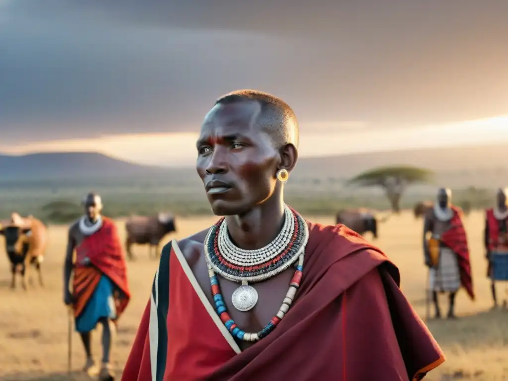 Resiliencia cultural en culturas indígenas: Guerreros Maasai adornados en la sabana de Kenia al atardecer