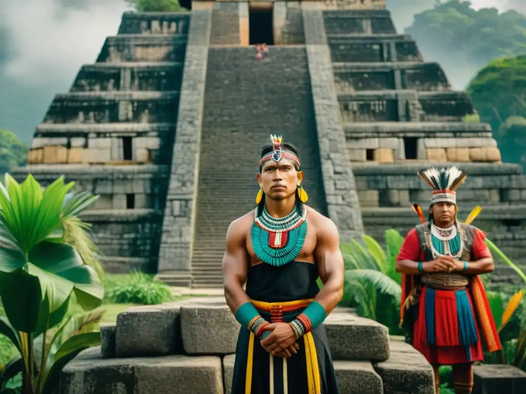 La resistencia de historias indígenas se refleja en la imagen de hombres y mujeres ante un templo antiguo en Mesoamérica