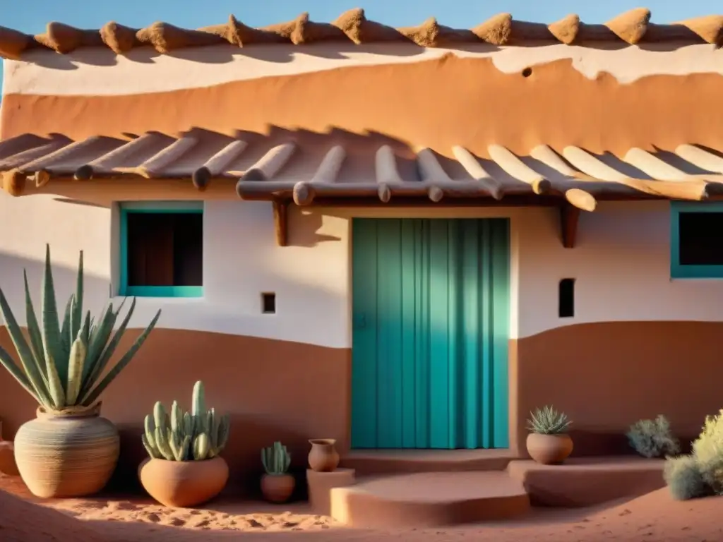 Resplandeciente arquitectura indígena para futuro sostenible de una vivienda tradicional Navajo, con patrones geométricos y tonos terrosos