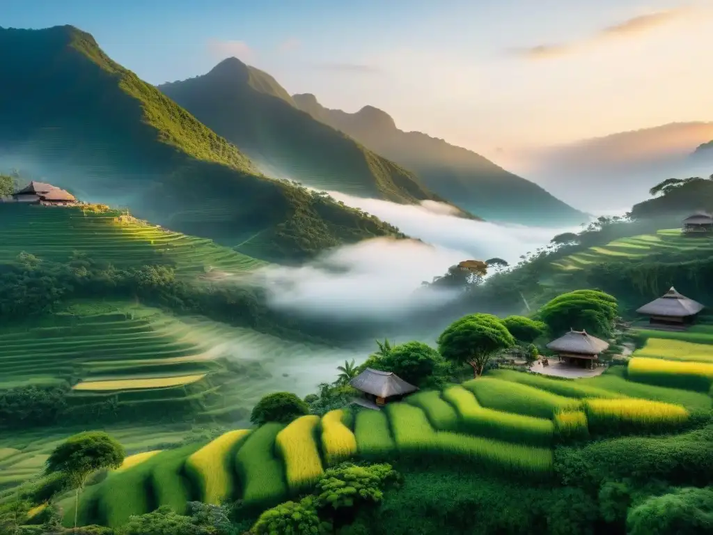 Retiro de bienestar indígena al amanecer en un pueblo tranquilo entre vegetación exuberante, con rituales de yoga y meditación