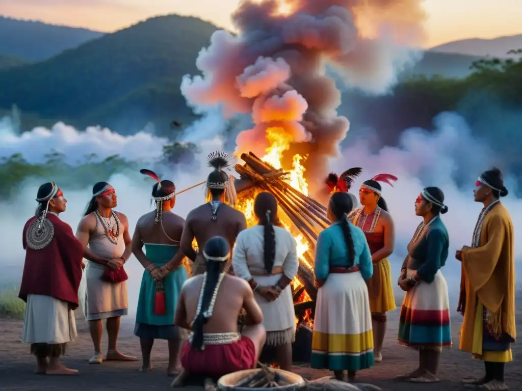 Retiros indígenas para renovación espiritual: Grupo reunido alrededor de una fogata en ritual sagrado al atardecer