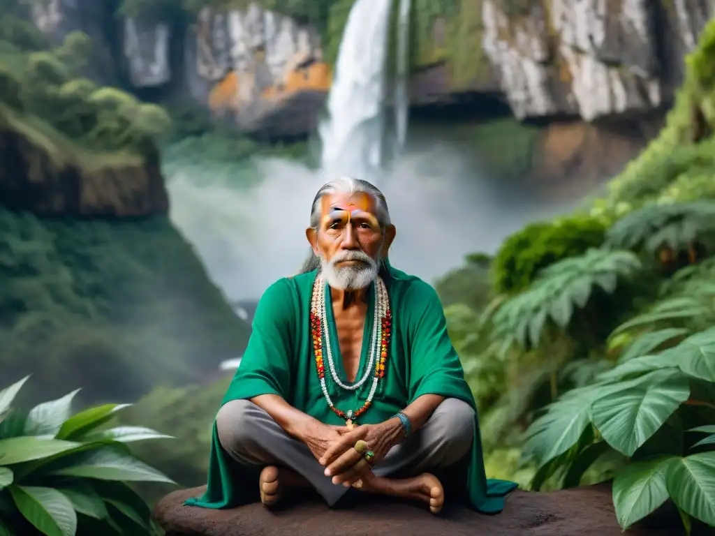 Retiros espirituales: anciano indígena en la selva, vestido con atuendo tradicional, mirada sabia y profunda, junto a cascada majestuosa