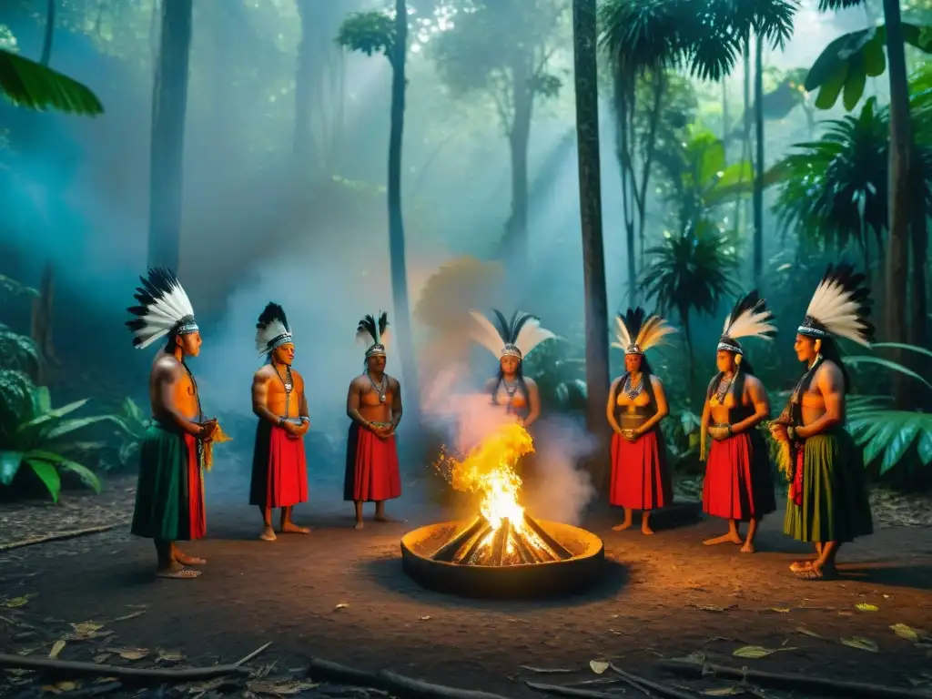 Retiros espirituales culturas indígenas: Indígenas realizan ritual en la selva con atuendos coloridos y objetos ceremoniales