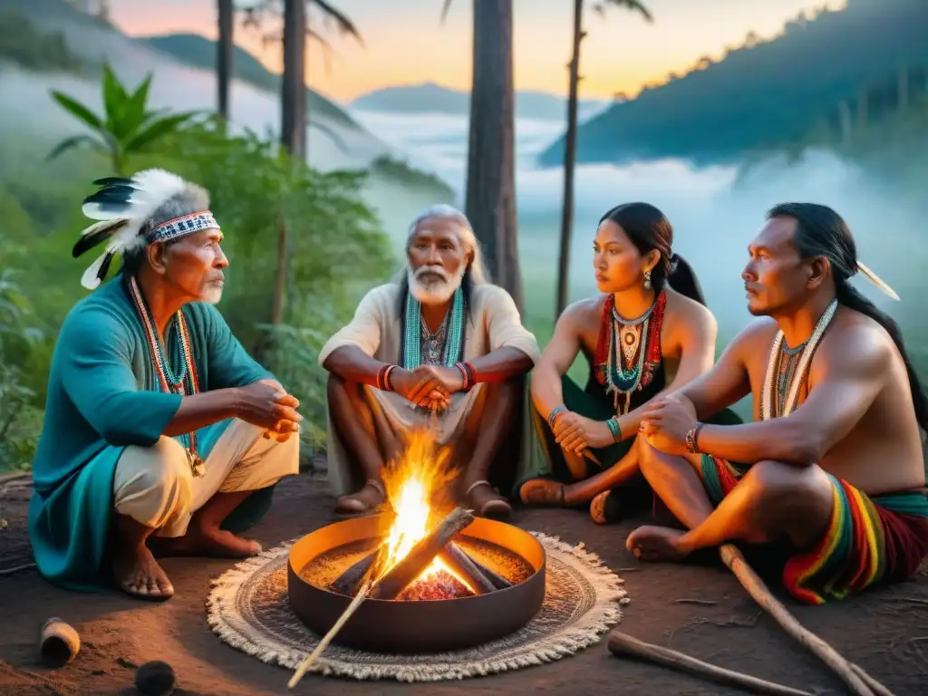 Retiros espirituales sabiduría indígena: Grupo diverso en ritual sagrado en bosque ancestral, atavíos tradicionales y fuego bajo cielo estrellado