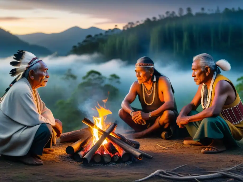 Retiros espirituales indígenas: Ancianos sabios alrededor de fogata, con atuendos tradicionales y semblantes iluminados