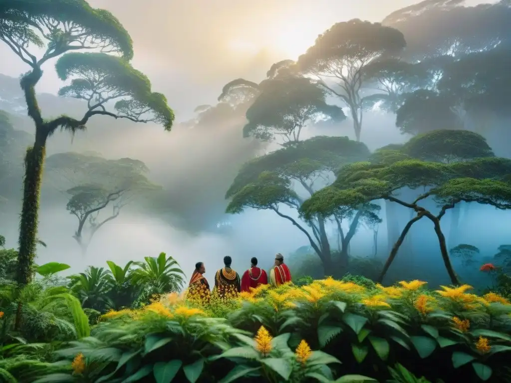 Retiros espirituales indígenas en la selva con ancianos en ceremonia, rodeados de naturaleza exuberante y flores vibrantes al amanecer