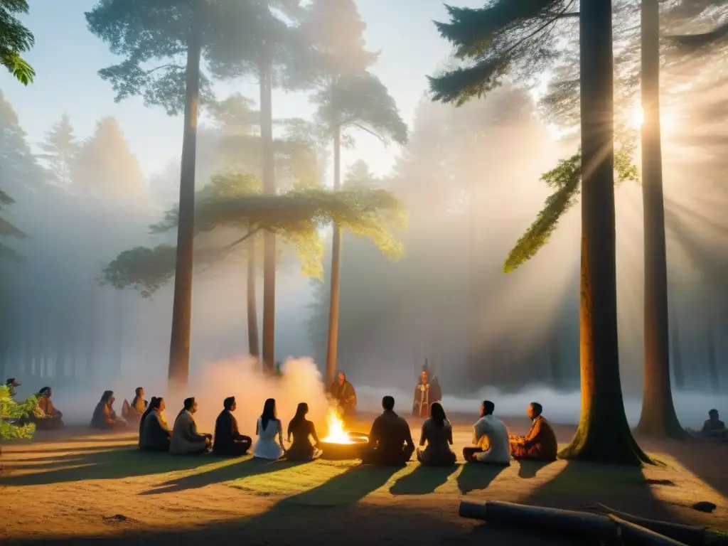 Retiros espirituales indígenas transformación: Ritual al amanecer en el bosque místico