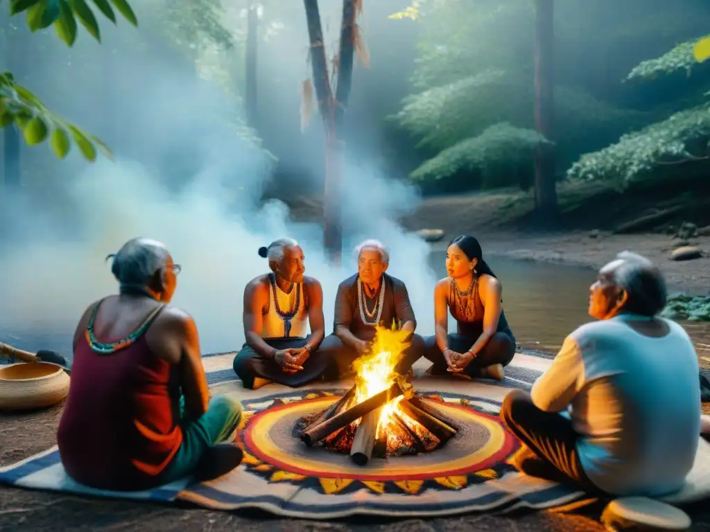 Retiros indígenas arte sanación: Ancianos alrededor del fuego, arte tradicional y ceremonia de sanación en el bosque místico