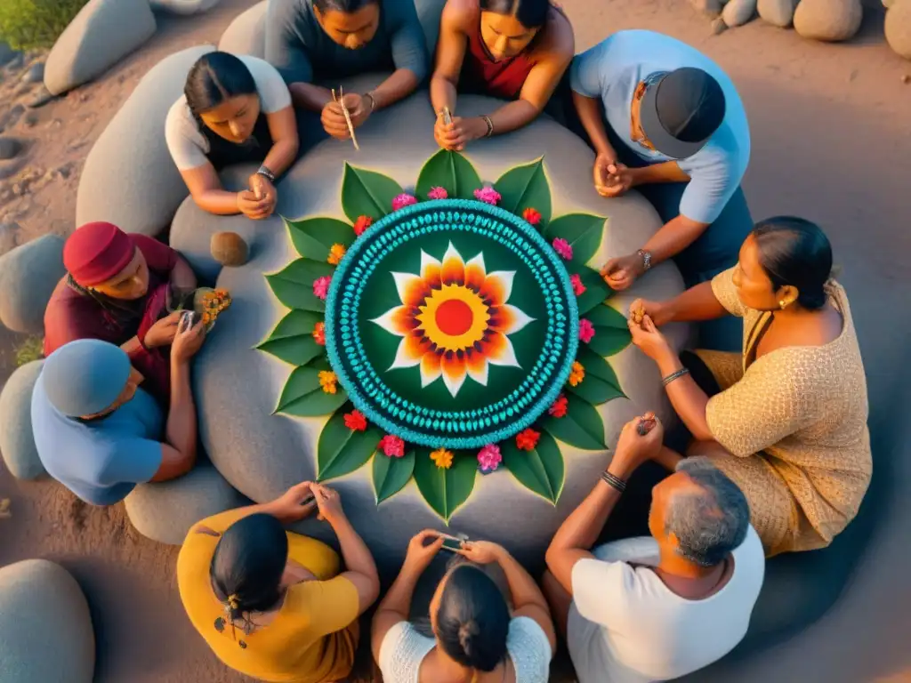 Retiros indígenas arte sanación: Grupo pintando símbolos en círculo alrededor de mandala colorido al atardecer