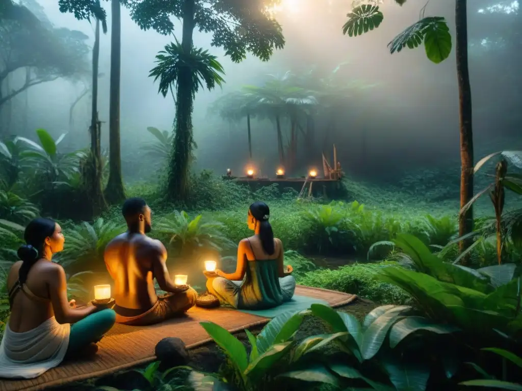 Meditación en retiros indígenas pacíficos: nativos en meditación en la selva amazónica, rodeados de naturaleza exuberante y mística