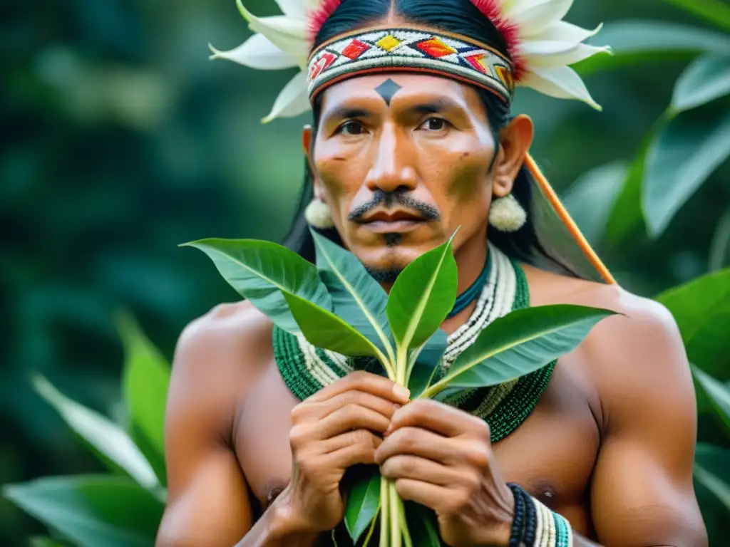 Retrato de un chamán amazónico con la planta Datura, revelando la conexión sagrada entre el sanador y la hierba medicinal