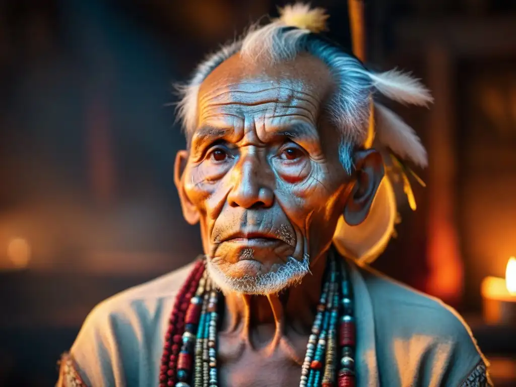 Retrato del anciano chamán indígena transmitiendo conocimiento espiritual en ambiente sagrado