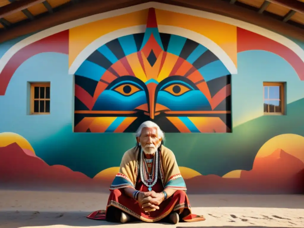 Retrato de un anciano indígena frente a un mural vibrante, con la frase 'Realidad aumentada para cultura indígena'