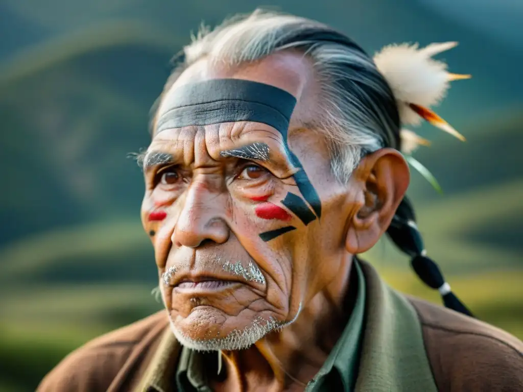 Retrato de anciano indígena con mirada de resistencia y sabiduría, conectado con la naturaleza