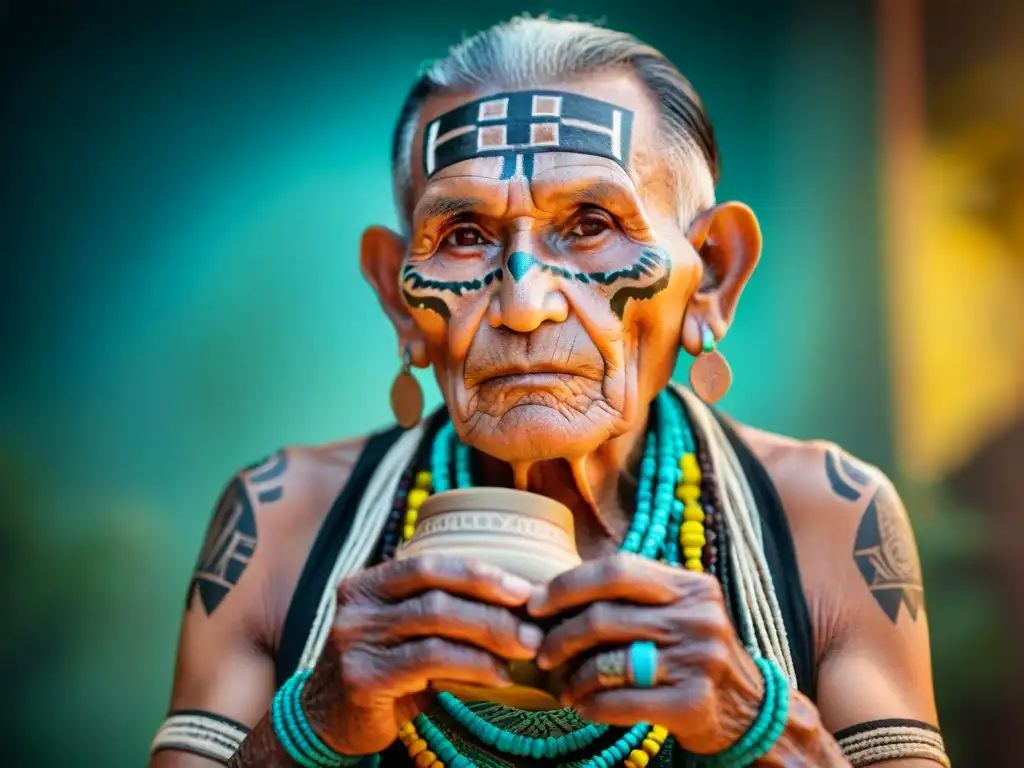 Retrato de un anciano maya con textiles vibrantes, tatuajes faciales y manos arrugadas sosteniendo cerámica antigua