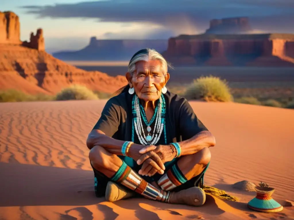 Retrato de un anciano navajo en el desierto, rodeado de textiles y cerámica tradicionales