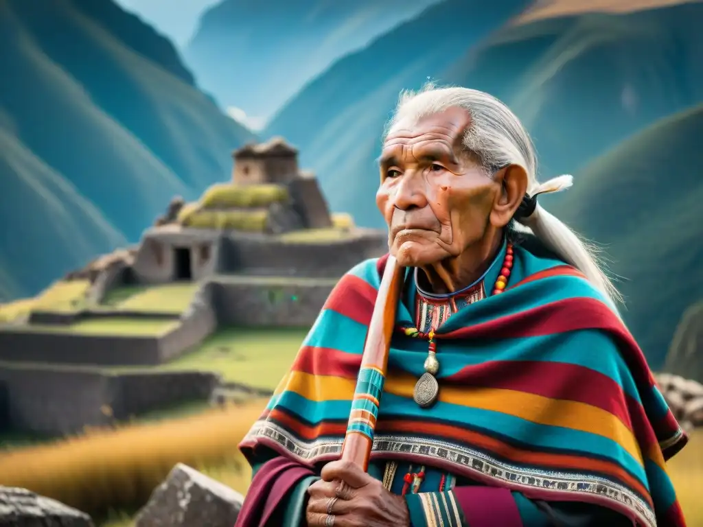 Retrato detallado: sabiduría Quechua en ruinas incas Retrato de un anciano quechua frente a ruinas incas, con un poncho colorido y una flauta artesanal, en los Andes