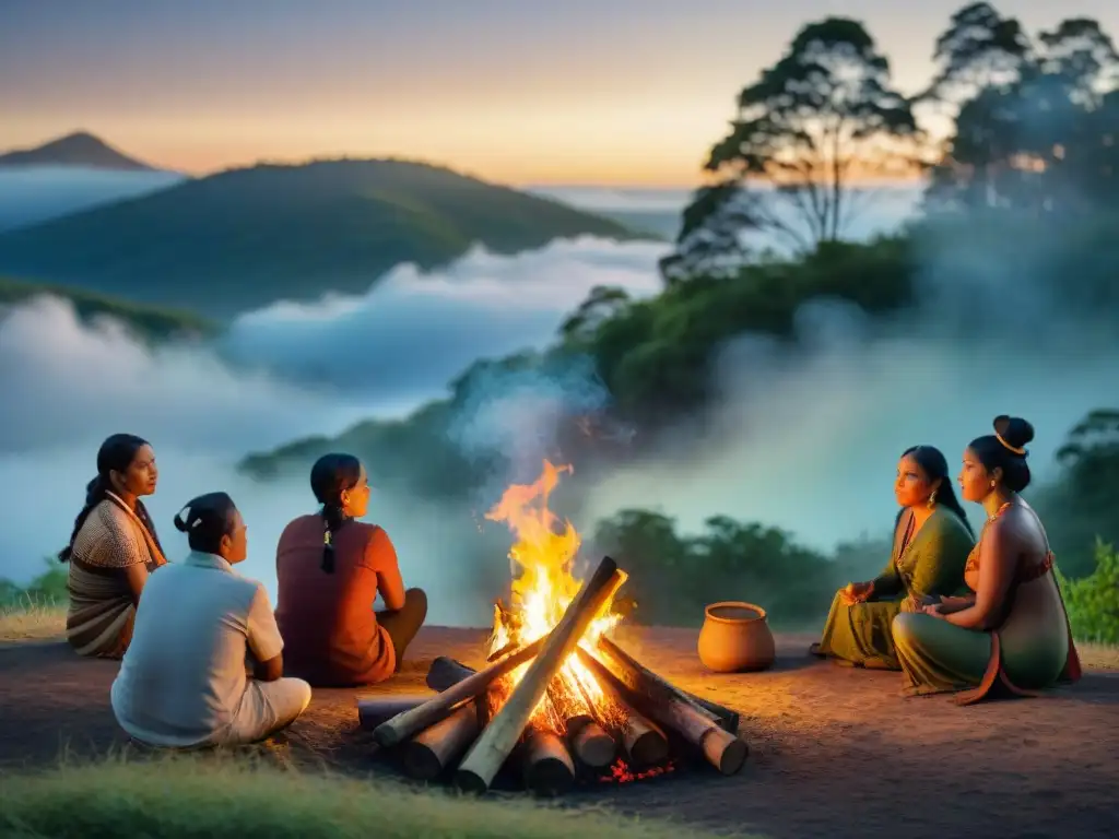 Un retrato cinematográfico de indígenas alrededor de una fogata al atardecer, sus rostros iluminados por el fuego