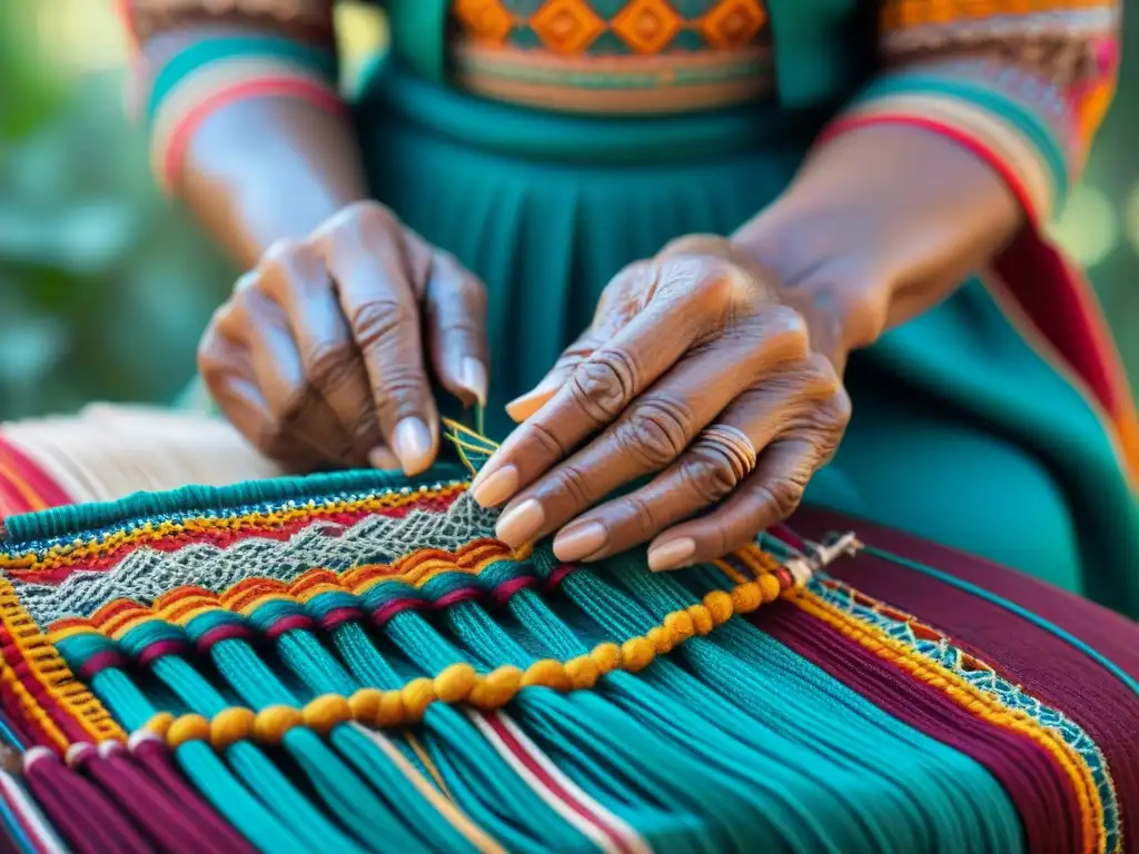 Un retrato conmovedor de una anciana indígena tejiendo a mano una hermosa pieza de arte textil, destacando la literatura indígena en las Américas