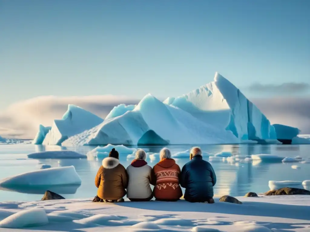 Retrato conmovedor de ancianos inuit contemplando icebergs en derretimiento