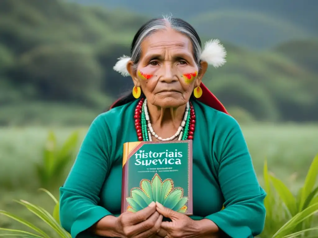 Un retrato conmovedor de una mujer indígena anciana, sabia y resiliente, sosteniendo un libro titulado 'Historias de Lucha y Supervivencia'