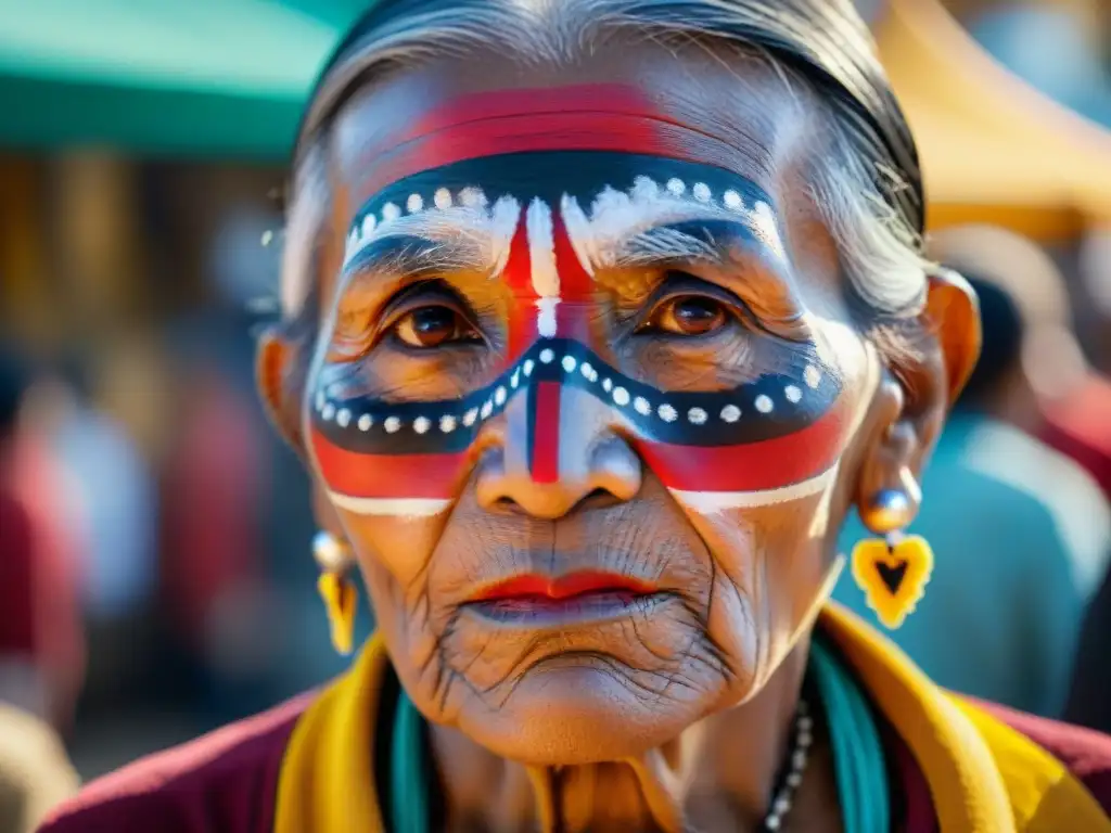 Retrato detallado de una anciana indígena con pintura facial tradicional, reflejando sabiduría y resiliencia