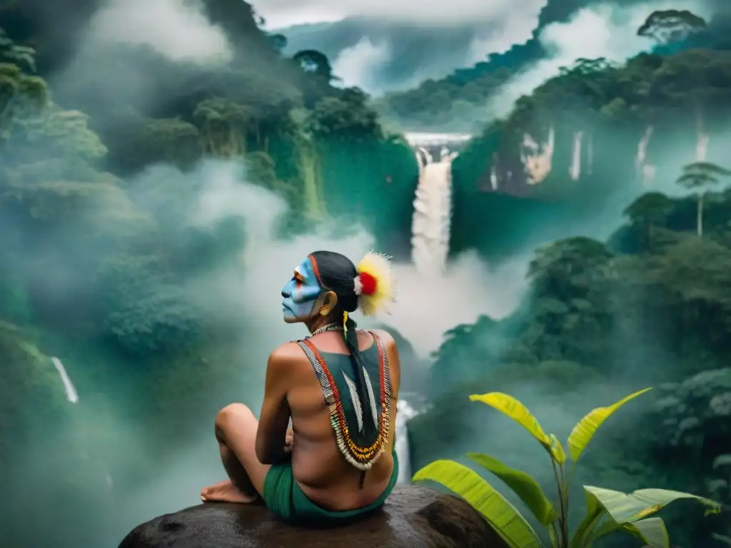 Sabiduría amazónica: anciano indígena en la selva Retrato detallado de un anciano indígena amazónico en su entorno natural, expresando la filosofía indígena Américas cosmovisión