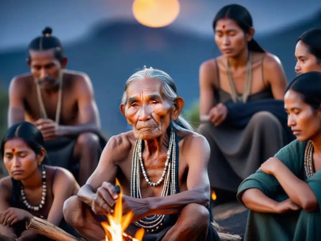 Retrato detallado de anciano indígena compartiendo historias ancestrales junto al fuego bajo el cielo estrellado