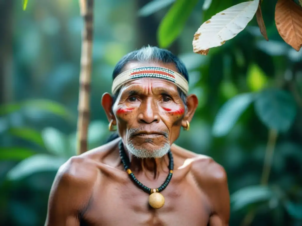 Retrato detallado de un anciano indígena de la comunidad Sapara en la selva amazónica, recolectando con gracia savia de abedul