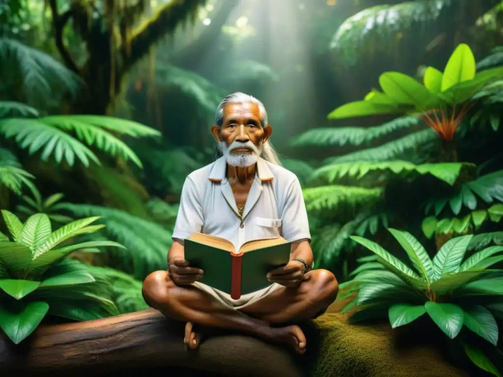 Retrato detallado de un anciano indígena en la selva, conectado con la naturaleza y la sabiduría