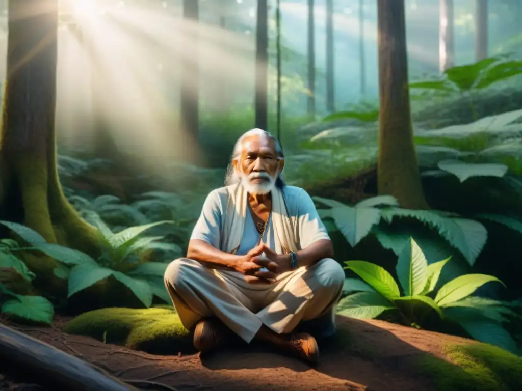 Retrato detallado de un anciano indígena en meditación entre la naturaleza, reflejando sabiduría y paz interior