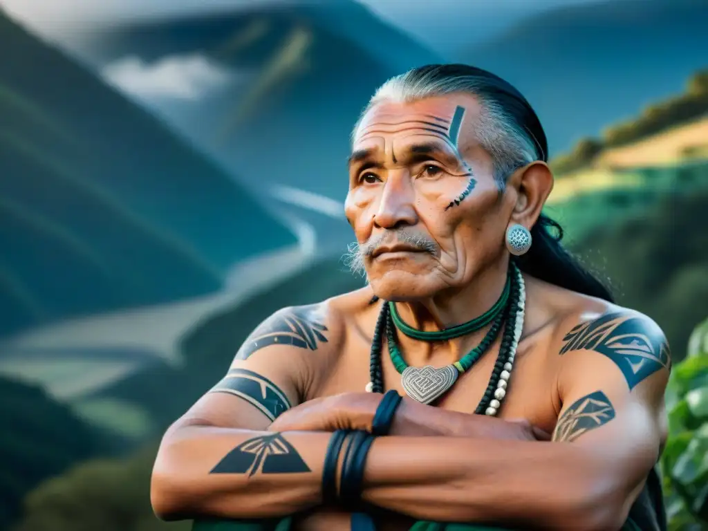 Retrato detallado de un anciano Mapuche con tatuajes tradicionales representando naturaleza y sabiduría