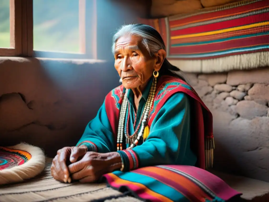 Retrato detallado de un anciano Quechua tejiendo en una habitación andina iluminada, reflejando la tradición cultural indígena en América