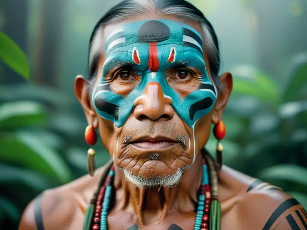 Retrato detallado de ancianos indígenas con pinturas faciales, reflejando tradiciones y sabiduría en la jungla